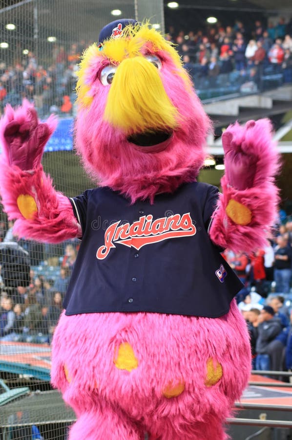 Slider, Indians fuzzy and fuchsia-colored mascot at Progressive Field in Cleveland , Ohio, USA. Slider, Indians fuzzy and fuchsia-colored mascot at Progressive Field in Cleveland , Ohio, USA