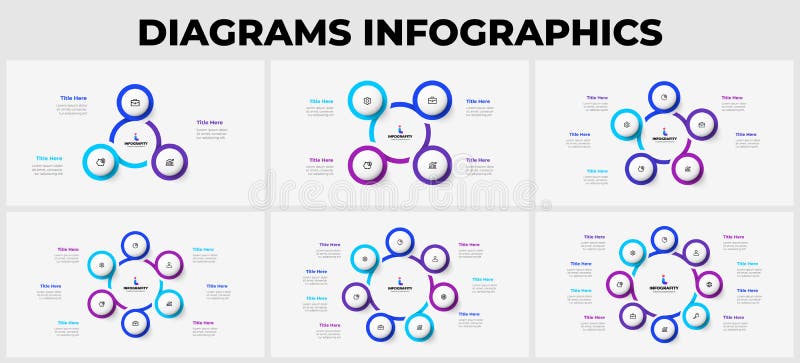 Slides with circle infographics elements for business presentation. Vector cycle design templates. Concept with 3, 4, 5, 6, 7 and 8 options, parts or steps.