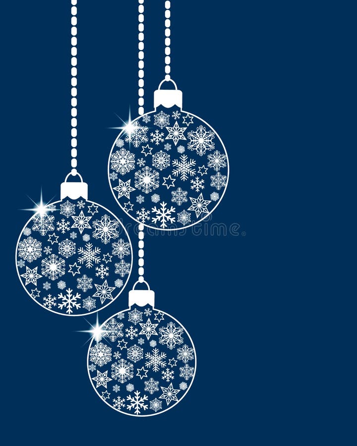 Slijtende kerstballetjes, gedecoreerd met verschillende witte sneeuwvlokken en sterren op blauwe achtergrond Flat retro-stijl Vec