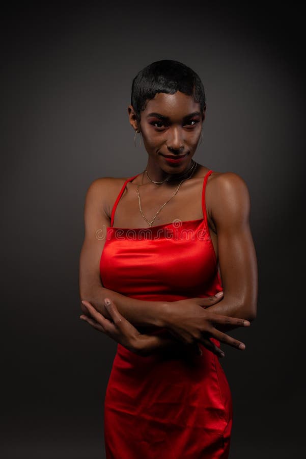 black woman in red dress