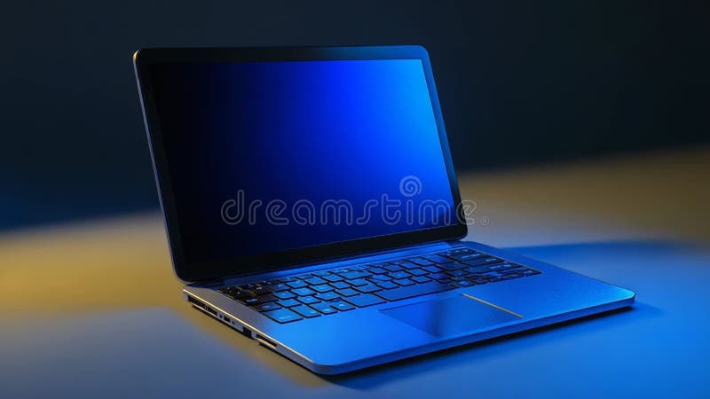 Modern laptop showing blue screen in dark environment stock video