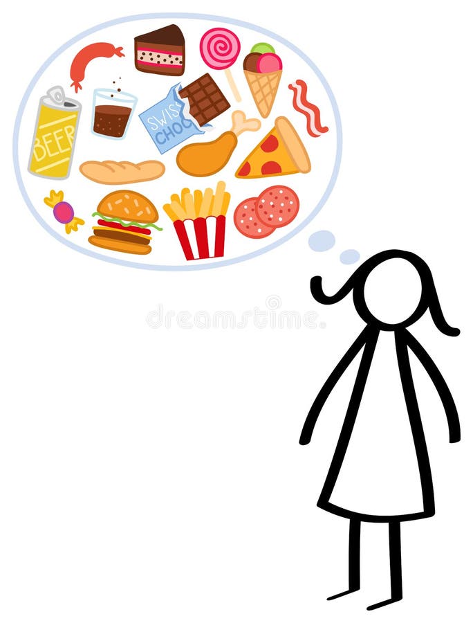 Slim stick figure woman on a diet, hungry, craving unhealthy food, binge eating, trying to lose weight