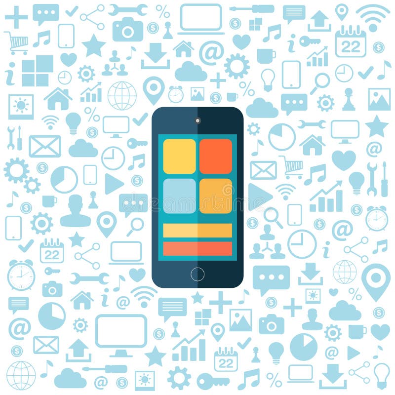 Slimme telefoon met blauwe geplaatste pictogrammen Vlakke vectorillustratie stock illustratie Slimme telefoon met blauwe geplaatste pictogrammen Vlakke vectorillustratie stock illustratie