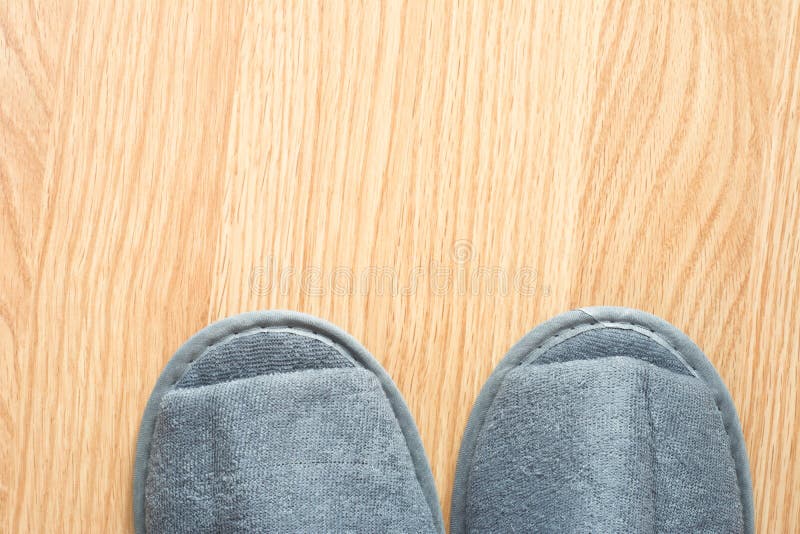 Slipper on wood floor stock photo. Image of blue, brown 59076570