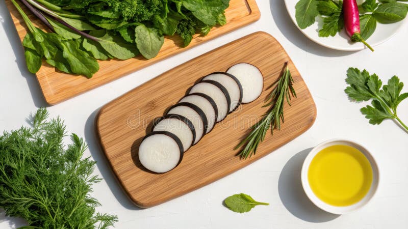 Skiva svart rättika på en träskärbräda för hälsans skull. Matlagningskonst, naturligt ljus, ovanifrån, färska ingredienser. royaltyfri illustrationer