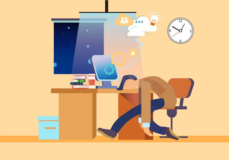 Slleepy pracownik na miejsce pracy mieszkania ilustracji ilustracji Slleepy pracownik na miejsce pracy mieszkania ilustracji ilustracji