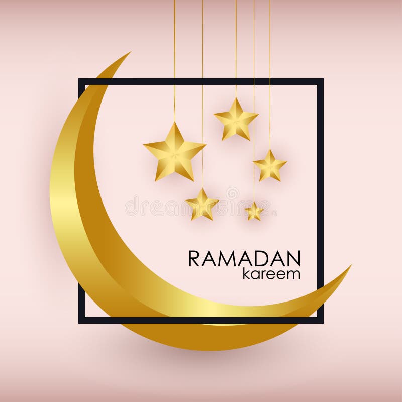 Slogan do cumprimento de Ramadan Kareem com crescente islâmico, a estrela árabe do ouro e o quadro Projete para a bandeira, carta ilustração royalty free Slogan do cumprimento de Ramadan Kareem com crescente islâmico, a estrela árabe do ouro e o quadro Projete para a bandeira, carta ilustração royalty free