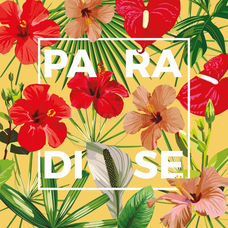Slogan paradise flowers leaves yellow background. Motto paradise on a background of tropical hibiscus flowers and leaves. Yellow backdrop vector cool wallpaper royalty free illustration Slogan paradise flowers leaves yellow background. Motto paradise on a background of tropical hibiscus flowers and leaves. Yellow backdrop vector cool wallpaper royalty free illustration