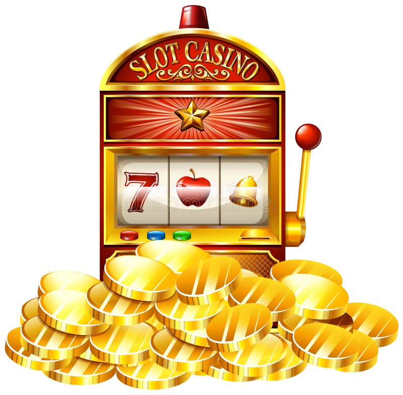 Golden Slot Machine Wins The Jackpot. Button Play Now. Big Win Concept