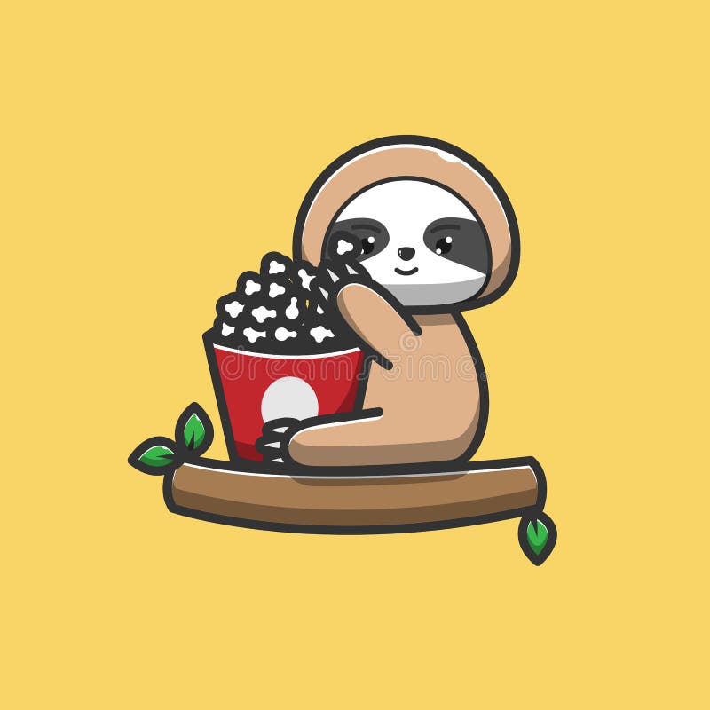Sloth eat popcorn vector illustration. Funny cartoon cute fat sloth vectors
