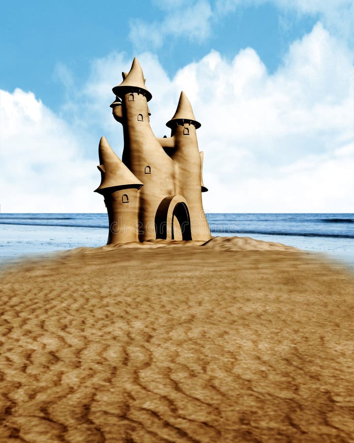 A very large sand castle built on a summer drenched beach with a bright blue sky and sea. A very large sand castle built on a summer drenched beach with a bright blue sky and sea