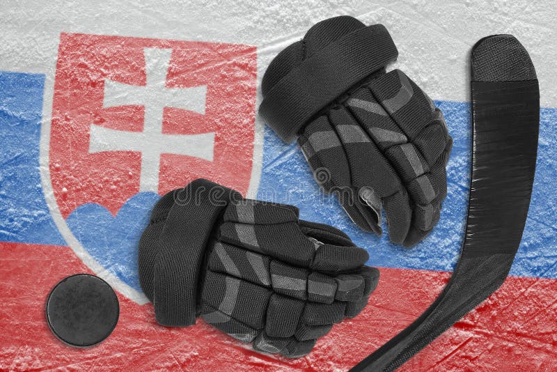 Slovak flag, hockey puck, gloves and putter