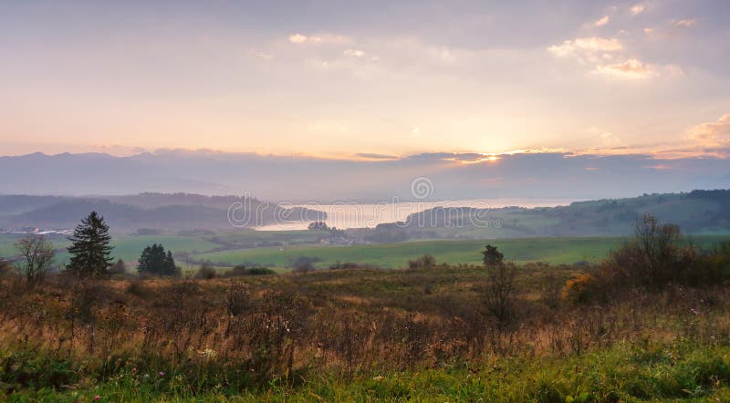 Slovakia autumn sunny morning panorama. Rural fall scene