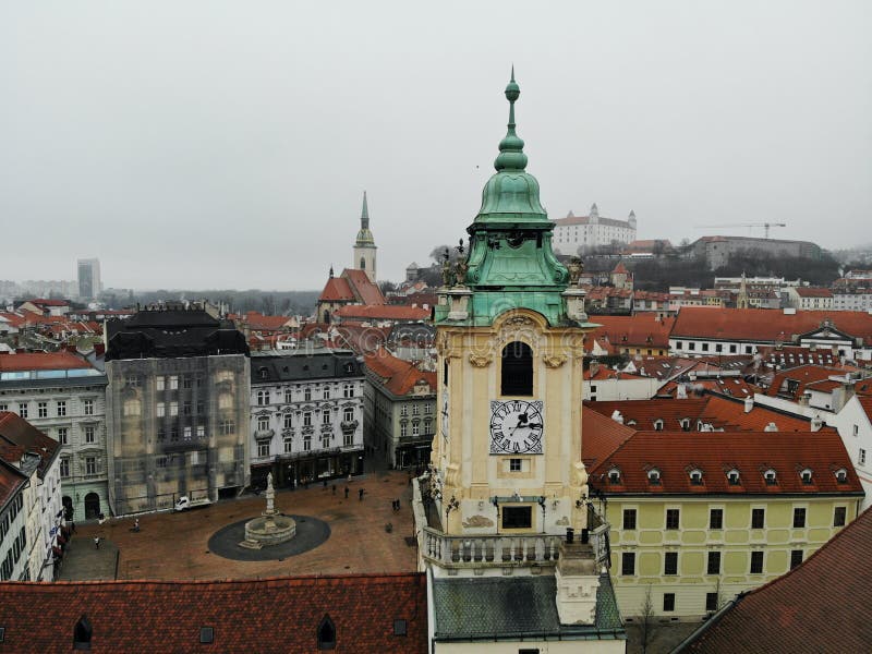 Slovakia, Bratislava. Historical centre. Aerial view from above, created by drone. Foggy day town landscape, travel photography.