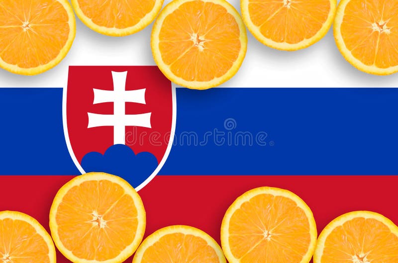 Vlajka Slovenska v řezech citrusových plodů horizontální rám