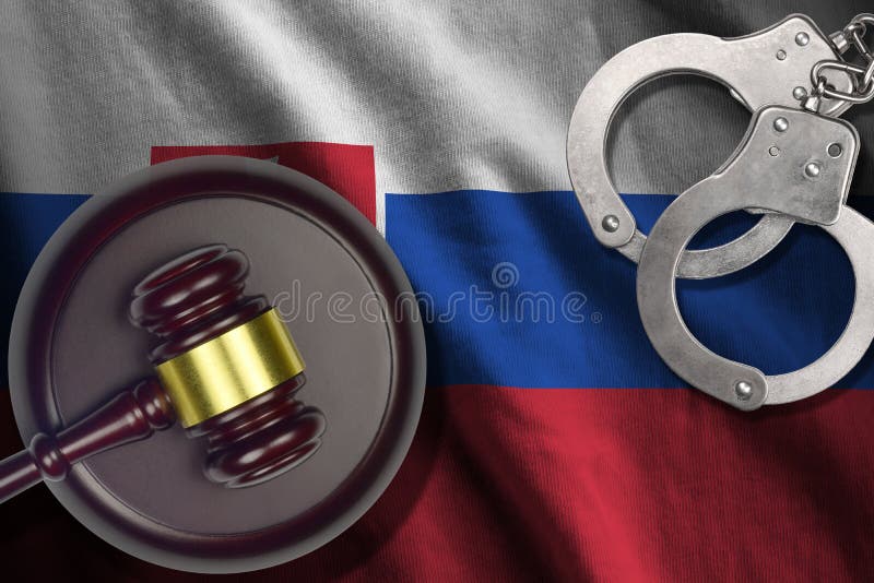 Slovakia flag with judge mallet and handcuffs in dark room. Concept of criminal and punishment, background for judgement