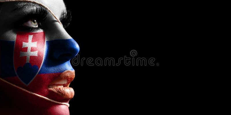 Slovakia flag painted on a face of a young woman  national flag