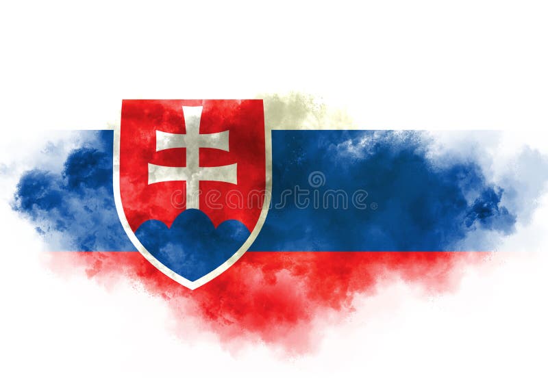 Slovenská vlajka vytvorená z farebného dymu na bielom pozadí. Abstraktný symbol
