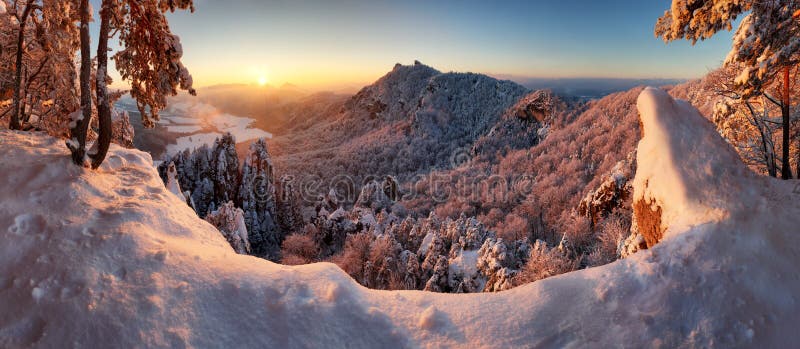 Slovakia mountain, Winter landscape at sunset, Sulovske skaly