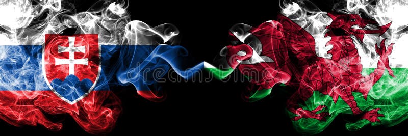 Slovensko, slovenština, Wales, velština, flip soutěž tlusté barevné kouřové vlajky. Evropské fotbalové kvalifikační zápasy