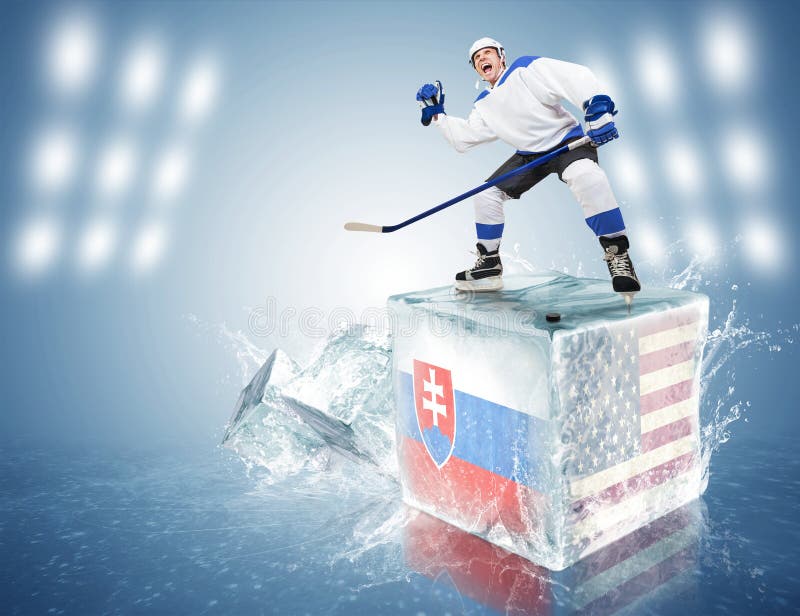 Slovakia - USA game. Spunky hockey player on ice cube