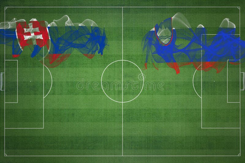 Slovensko vs slovinsko fotbalový zápas, národní barvy, státní vlajky, fotbalové hřiště, fotbalový zápas, kopírování vesmíru