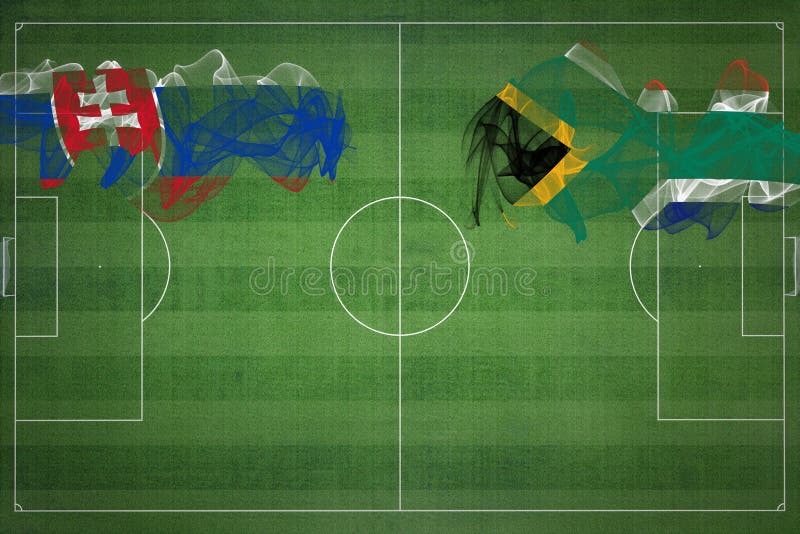 Fotbalový zápas Slovensko vs. Jižní Afrika, národní barvy, státní vlajky, fotbalové hřiště, fotbalový zápas, kopírování vesmíru