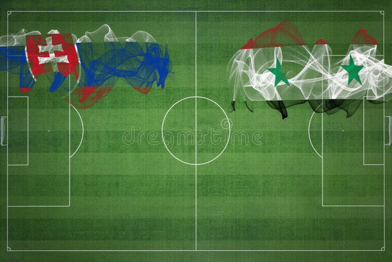 Fotbalový zápas Slovensko vs Sýrie, národní barvy, státní vlajky, fotbalové hřiště, fotbalový zápas, kopírování vesmíru