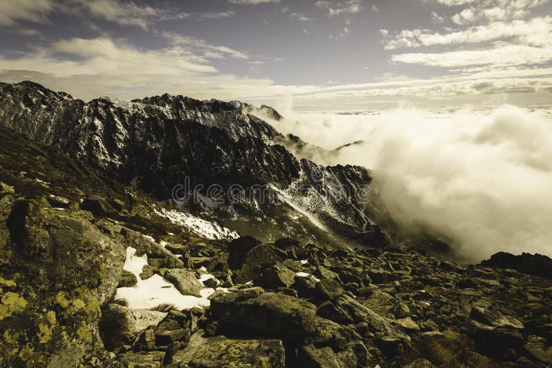 Slovakian carpathian mountains in autumn. way to Krivan - vintage film look