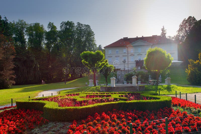 Slovenia Ljubljana Tivoli castle and flowers vertical view stock photo Slovenia Ljubljana Tivoli castle and flowers vertical view stock photo