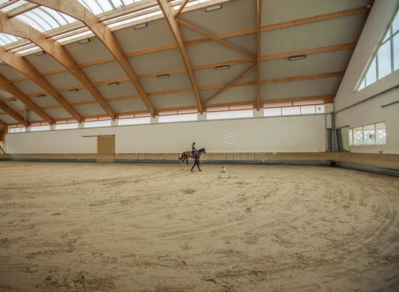 Slovenian girl riding a horse in an equestrian arena