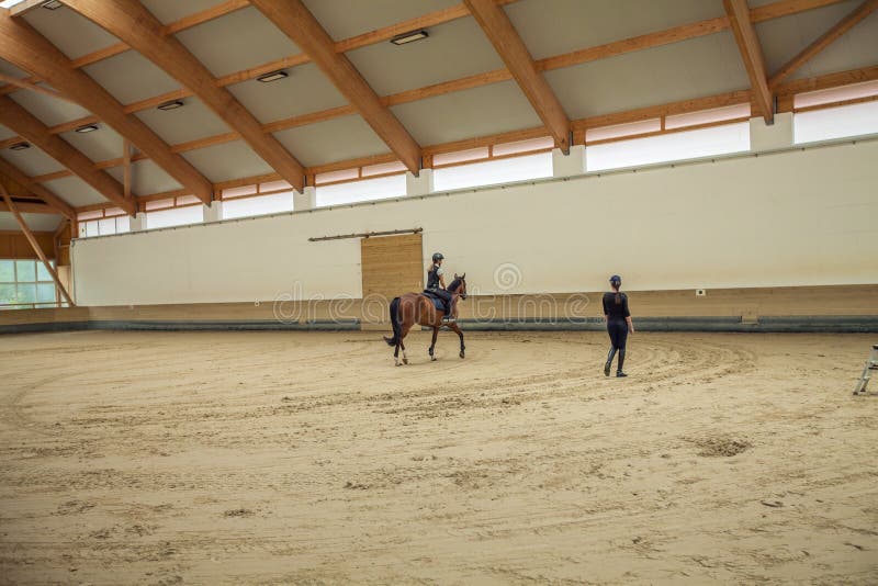 Slovenian girl riding a horse in an equestrian arena