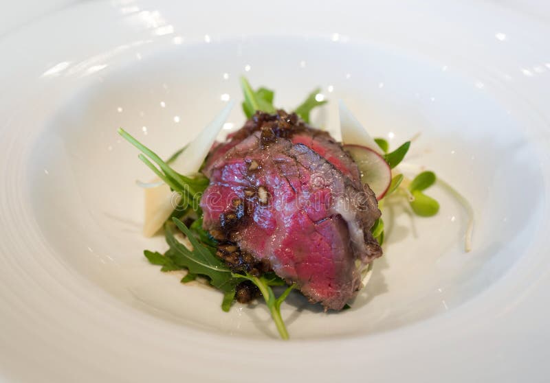 Slow Cooked Mini Beef Short Ribs Served on White Plate. Sunday Brunch