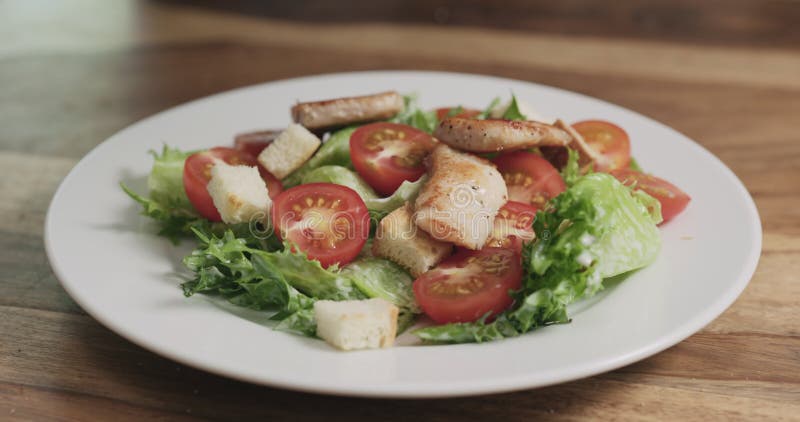 Chicken Caesar Salad with Wooden Fork in Plastic Package for Take Away ...