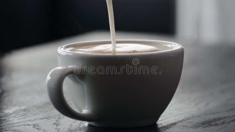 Slow motion pour steamed milk into white cup making cappuccino with copy space stock footage