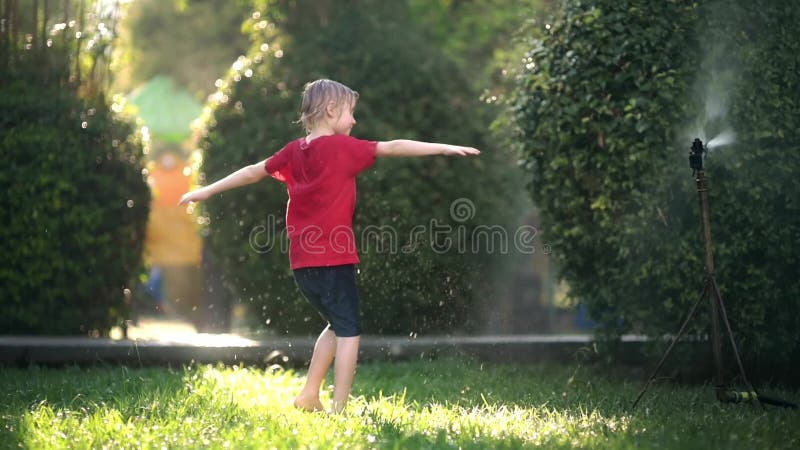 Slow Motion Video of Funny Little Boy Playing with Garden Sprinkler in Sunny Backyard Stock Video Video of fountain active 304707425