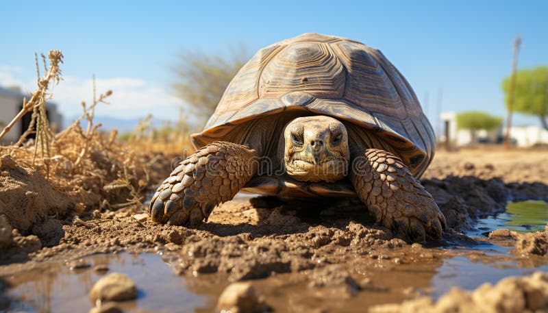 Slow, old tortoise crawling in the African mud generated by AI stock image