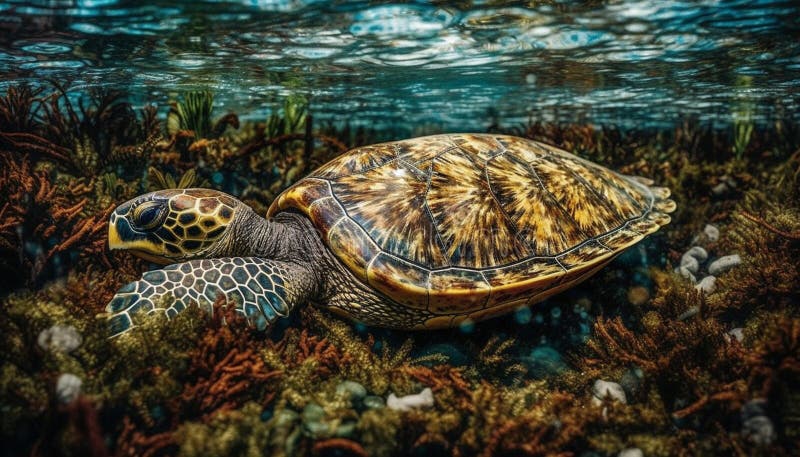 Slow swimming turtle in tranquil underwater reef, a beauty in nature generated by AI stock illustration