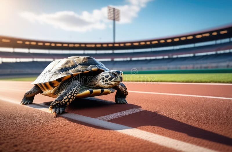 Slow turtle at racing track of stadium royalty free stock photo