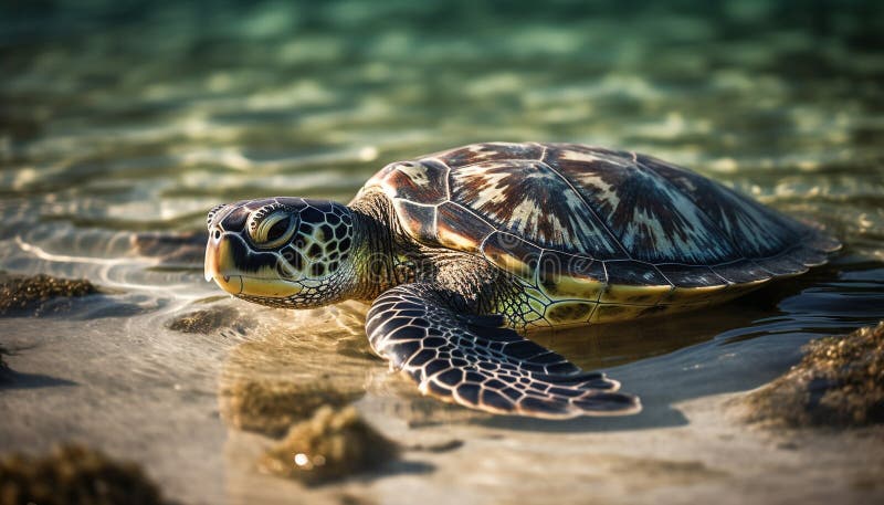 Slow turtle swimming in blue water, beauty in nature generated by AI royalty free stock photography