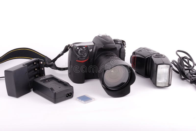 SLR camera with flash light and accessories on isolated background. Body cam stock images, royalty-free photos and pictures