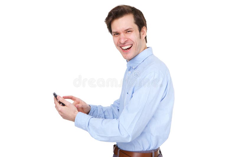 Sluit de omhoog aughing bedrijfs toevallige mens die en mobiele telefoon bevinden zich houden stock foto Sluit de omhoog aughing bedrijfs toevallige mens die en mobiele telefoon bevinden zich houden stock foto