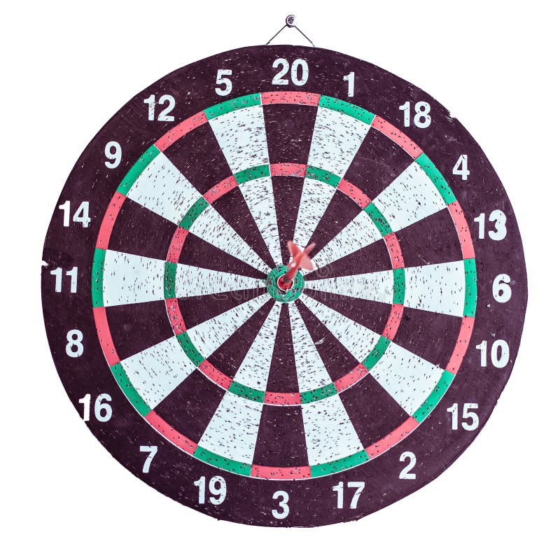 Sluit omhoog geschotene rode pijltjepijl op centrum van dartboard stock fotografie Sluit omhoog geschotene rode pijltjepijl op centrum van dartboard stock fotografie