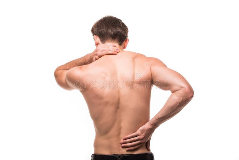 Close up of man rubbing his painful back. Pain relief, chiropractic concept. Close up of man rubbing his painful back. Pain relief, chiropractic concept