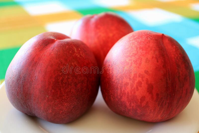 Sluit omhoog van Drie Verse Rijpe Plum Fruits Served op Witte Plaat royalty-vrije stock foto Sluit omhoog van Drie Verse Rijpe Plum Fruits Served op Witte Plaat royalty-vrije stock foto