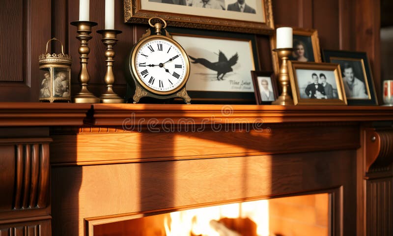 Sluiting van een elegant fireplace mantel geadoreerd met vintage decor stock illustratie