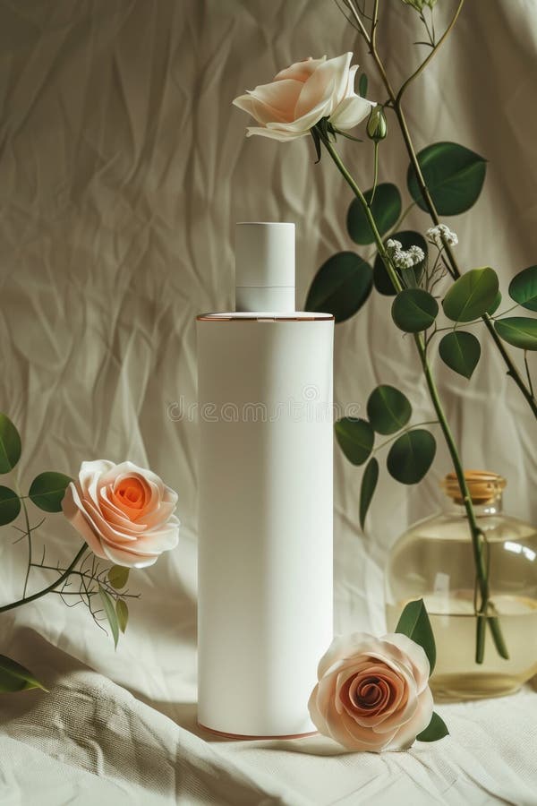 Close-up of a bottle of lotion with a rose and green leaves. Close-up of a bottle of lotion with a rose and green leaves