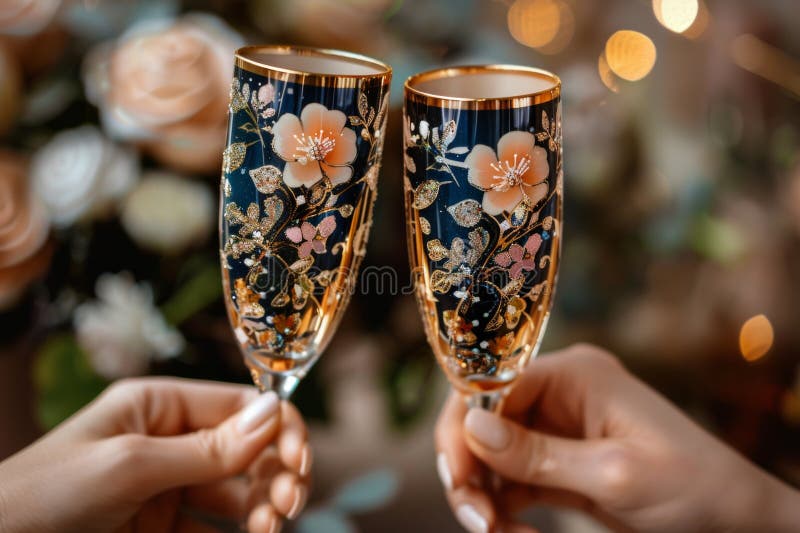 Close-up of two hands holding intricately decorated champagne flutes with floral motifs against a bokeh background of soft roses, embodying luxury and artistry in celebration moments. AI generated. Close-up of two hands holding intricately decorated champagne flutes with floral motifs against a bokeh background of soft roses, embodying luxury and artistry in celebration moments. AI generated