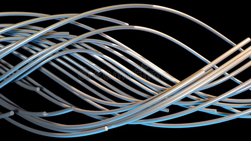 Slumpmässiga optiska fibrer vävs in i en stor spiralformad 3d-rendering. datorn genererad abstrakt volymetrisk bakgrund royaltyfri illustrationer