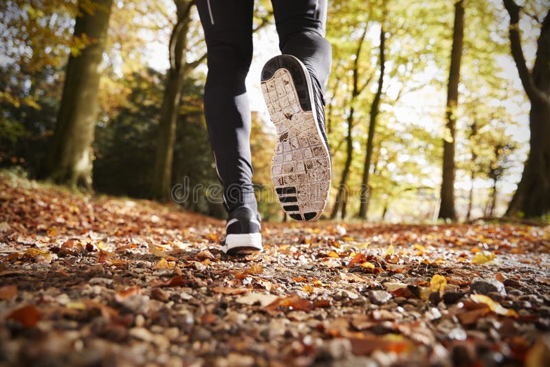 Slut upp av manlig löparefot på körning till och med Autumn Landscape fotografering för bildbyråer